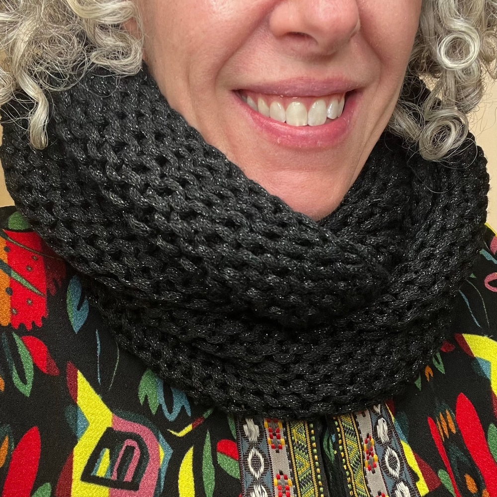Women's Rudsak Black Knit Infinity Scarf With Metallic Thread & Leather Patch